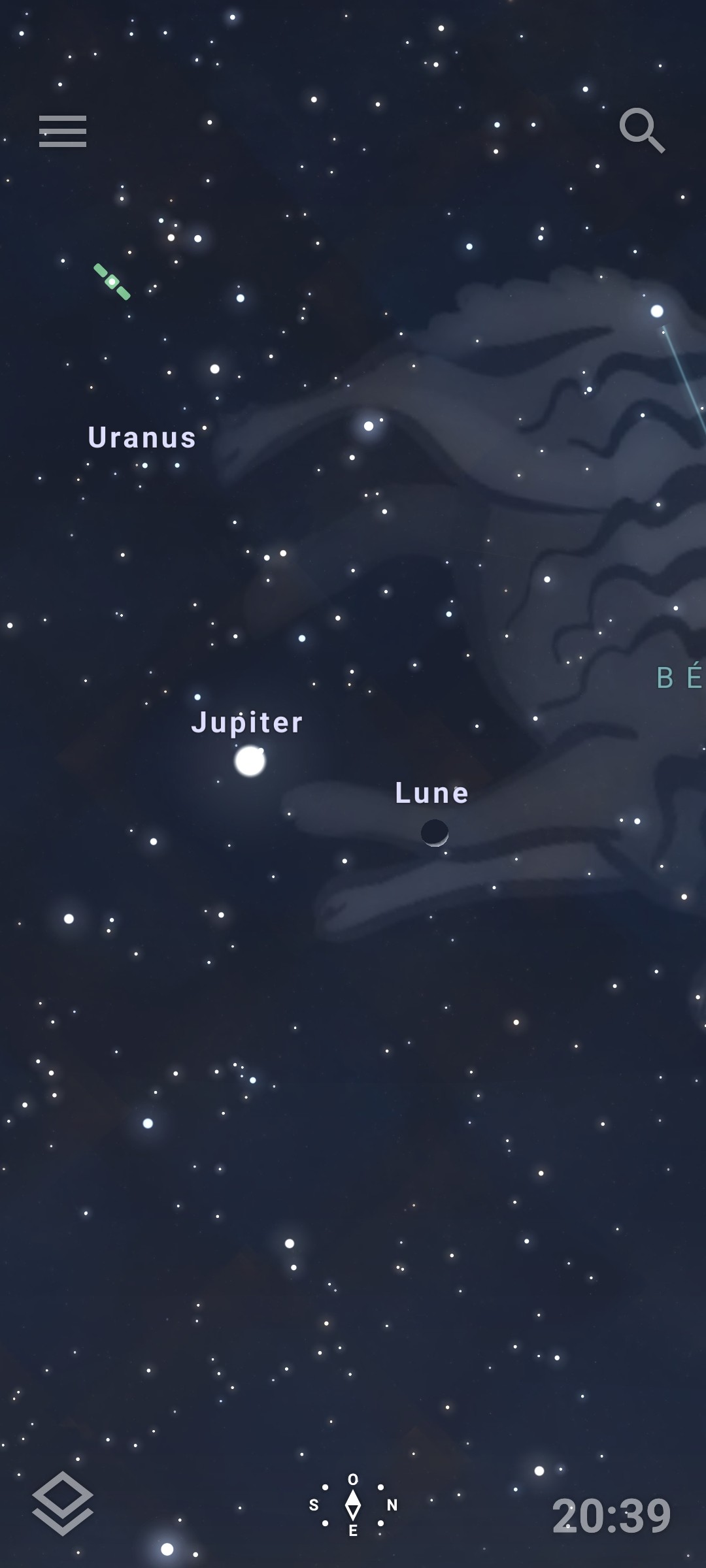 Capture d'écran de l'application Stellarium, permettant de s'y retrouver dans le ciel nocturne. Indiquant ici Jupiter à côté de la Lune.