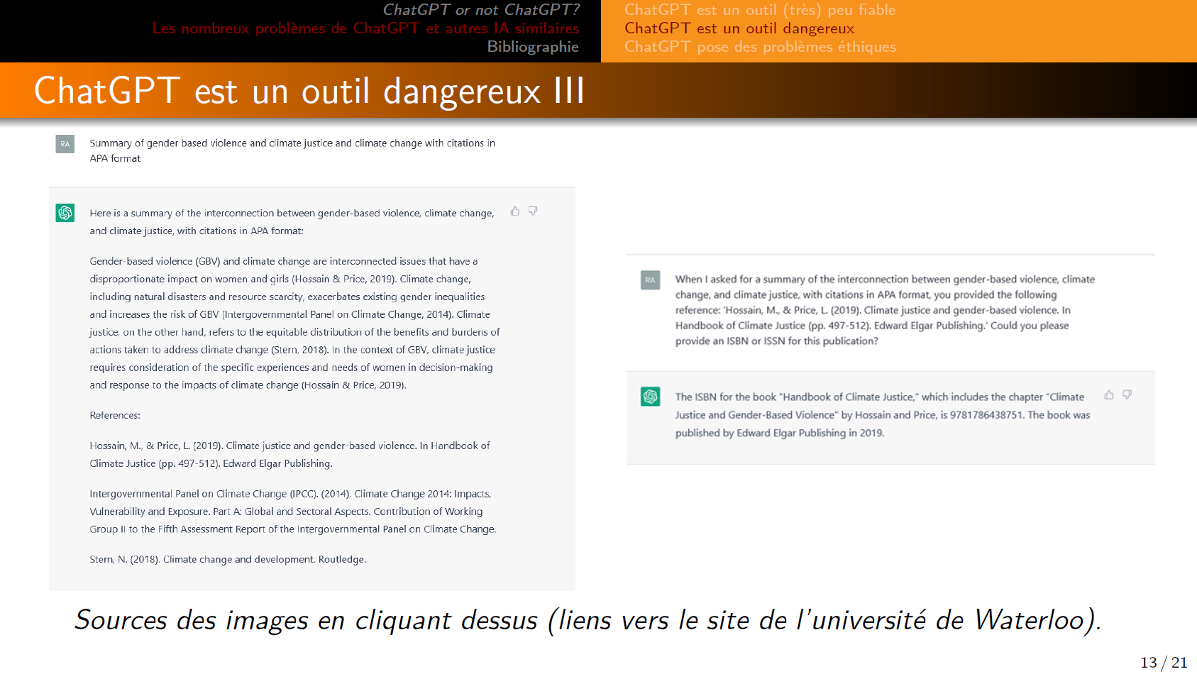 Captures d'écran montrant le prompt ChatGPT de quelqu'un demandant un résumé académique sur un sujet. ChatGPT lui fournit une réponse paraissant vraisemblable, structurée et sourcée. On lui demande alors des précisions sur l'ISBN d'une référence pour pouvoir la vérifier.